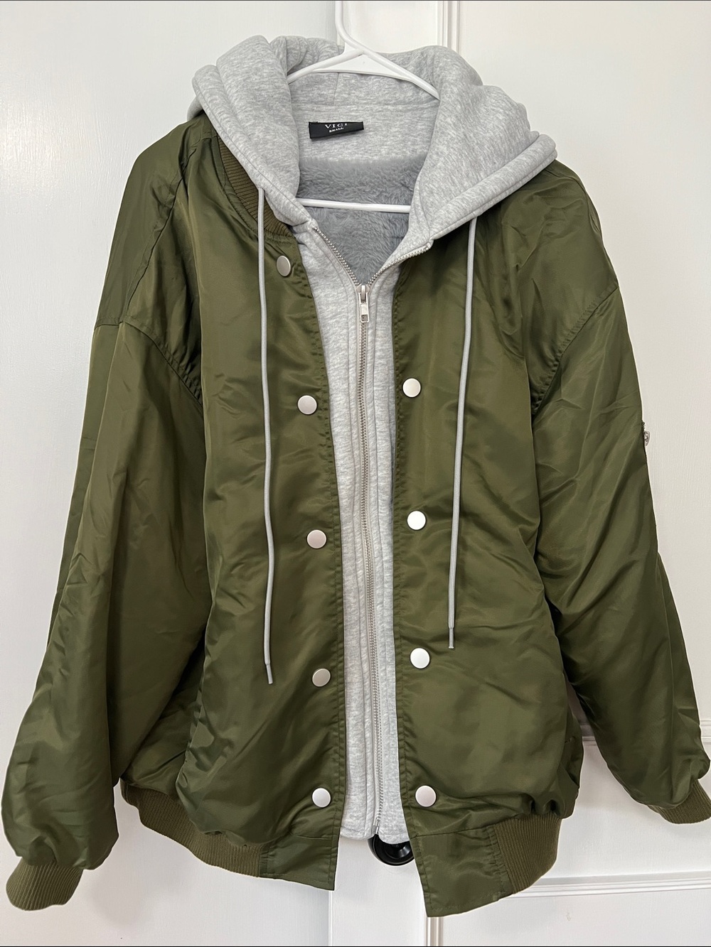 VICI Olive Green Hooded Bomber Jacket with Grey Hoodie Layer